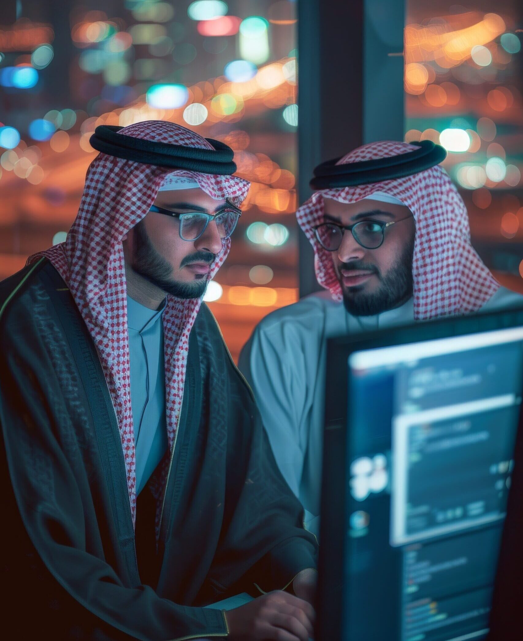 Two Saudi Arabian men working together on a computer at night in a modern office